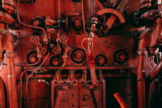 Old steam locomotive cabine inside