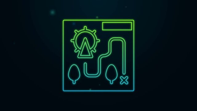 Glowing neon line Amusement park map icon isolated on black background. Entertainment in vacation. 4K Video motion graphic animation