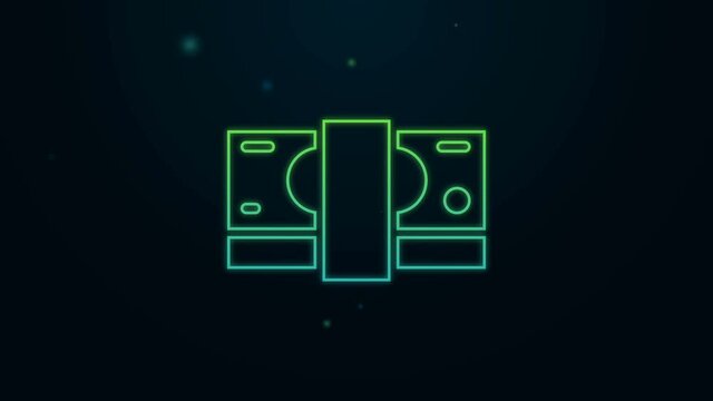 Glowing neon line Stacks paper money cash icon isolated on black background. Money banknotes stacks. Bill currency. 4K Video motion graphic animation