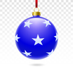 Blue Christmas with stars. Glass Christmas toy on a transparent background. Holiday decoration. Blue ball. Xmas glass ball. Vector illustration. Christmas tree toy. New year symbol.