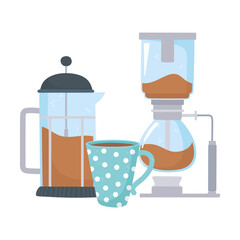 coffee brewing methods, syphon french press and coffee cup
