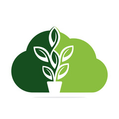 Cloud Flowers Pot and Plant Pot Vector Illustration Design. Green Tree Pot on cloud Logo Design.