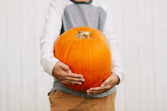 child's hands holding a pumpkin