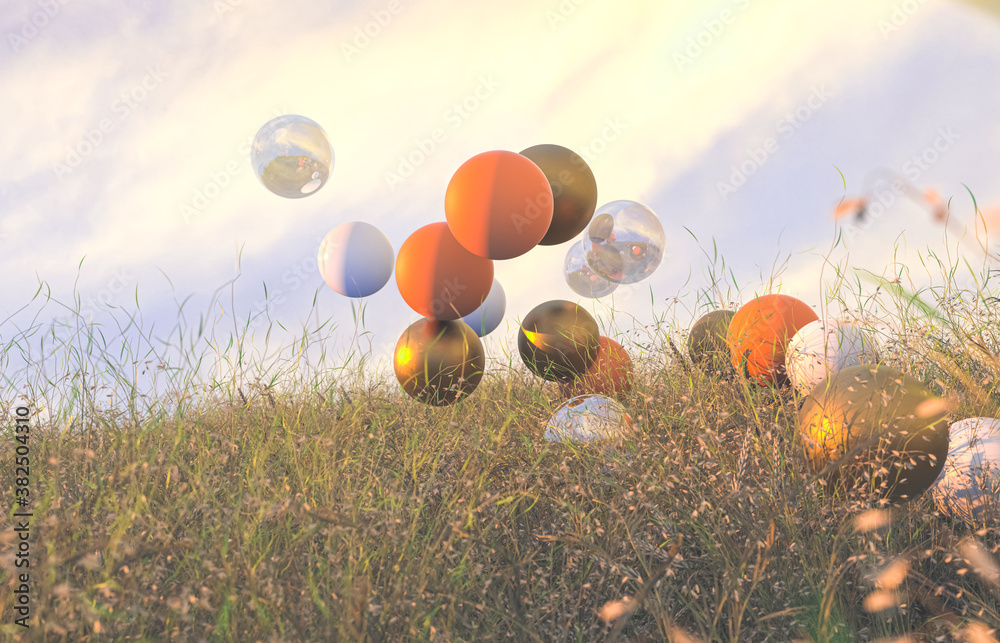 Aufkleber abstract autumn scene with geometric balls. 3d render.
