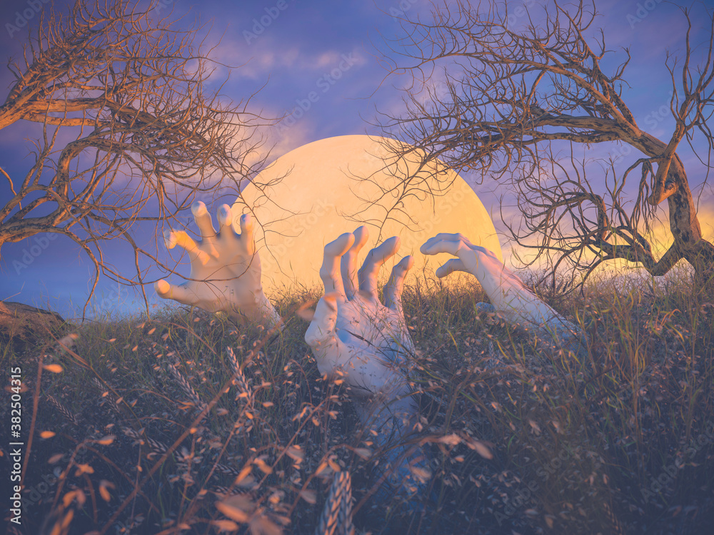 Aufkleber Abstract Halloween background with zombie hands and dead tree on autumn field. 3d render.