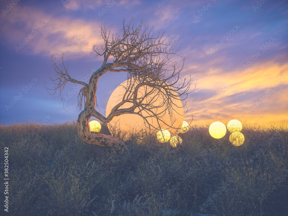 Aufkleber Abstract Halloween background with dead tree and moon on autumn field. 3d render.