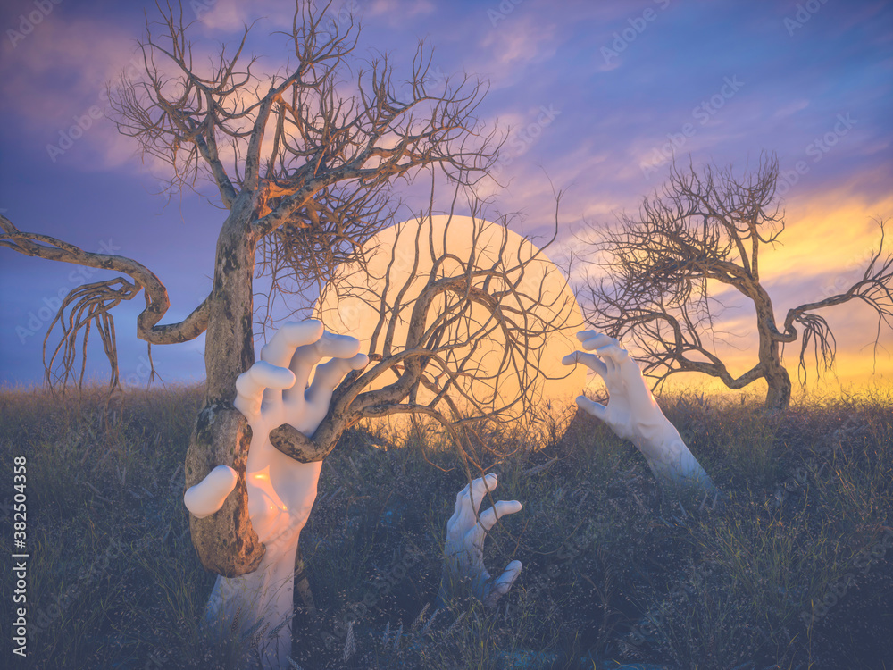 Aufkleber Abstract Halloween background with zombie hands and dead tree on autumn field. 3d render.