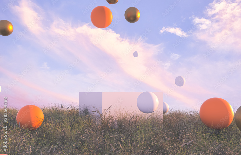 Poster abstract autumn scene with white podium and geometric balls. 3d render.