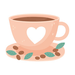 international day of coffee, cup with heart seeds and leaves