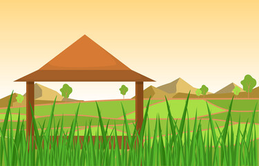 Hut in Asian Rice Field Green Paddy Plantation Agriculture Illustration