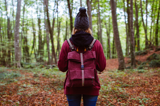 Woman in the forest with her backpack