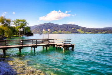 Countryside view on Attersee lake im Salzkammergut alps mountains by in Weissenbach, Zell am...