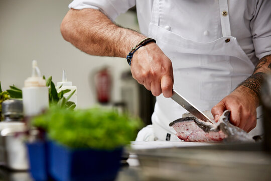 Male Chef Cutting Fish In Commercial Kitchen