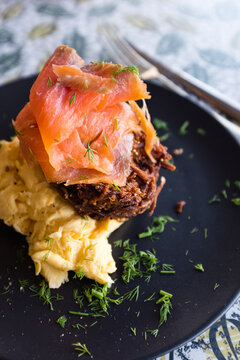 cafe breakfast, wilted spinach or kae, with scrambled egg, potat