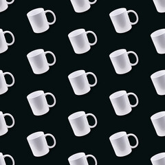 Seamless pattern. A white cup without a shadow isolated on a black background. A mug isolated