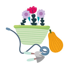 happy garden, flowers in wheelbarrow shovel rake pumpkin