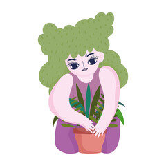 gardening, girl with green hair planting in pot leaves isolated icon style