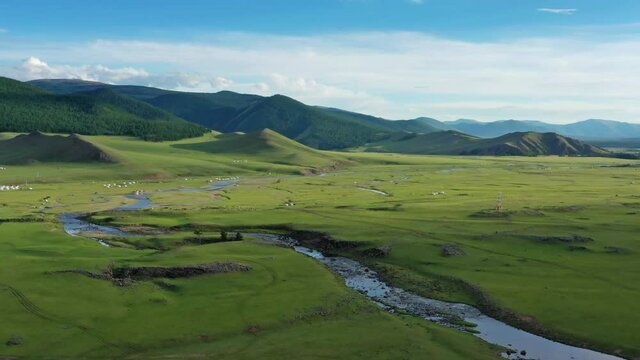 Aerial view of steppe and mountains landscape in Orkhon valley, Mongolia, 4k