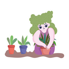 happy garden, girl planting plant in pot white background