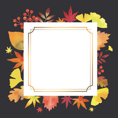 秋の葉 エレガント装飾フレーム 水彩画（正方形 四角 ヴィンテージ装飾 黒背景）
