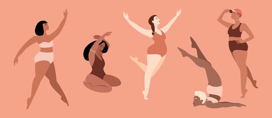 Multiracial women dressed in lingerie isolated characters. Happy girls. Body positive. Love your body. Vector illustration.
