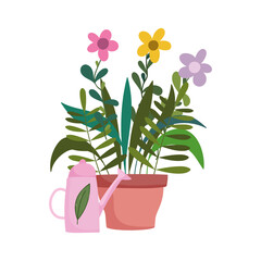 gardening, flowers in pot and watering can nature isolated icon style