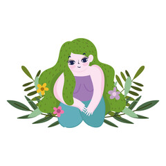 girl in the floor with green hair flowers isolated icon style