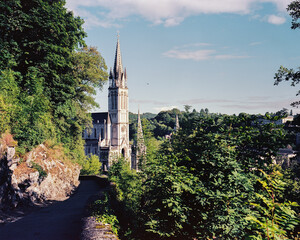 The Cathedral of Lourdes in a sunny morning (Film photo)