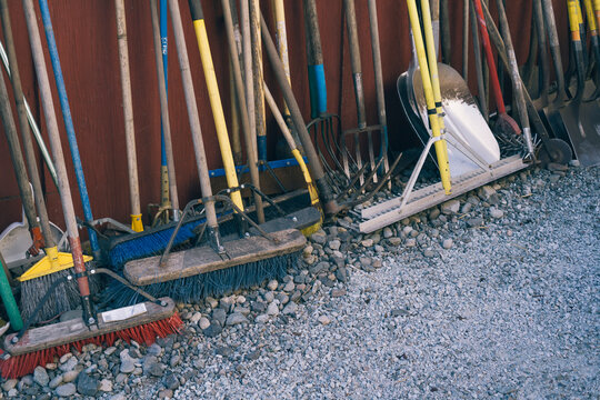Various gardening tools leaning against shed