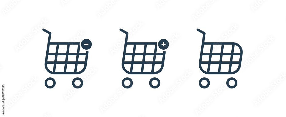 Poster shopping cart icon with plus and minus symbol, shopping trolley icon for web and mobile apps