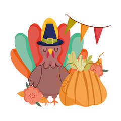 happy thanksgiving day, turkey with pilgrim hat pumpkin flower pennants celebration