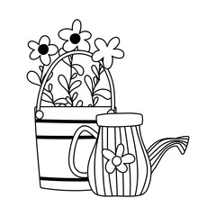gardening, watering can flowers and bucket nature isolated line icon style