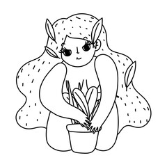 gardening, girl with hairstyle and planting plant isolated line icon style
