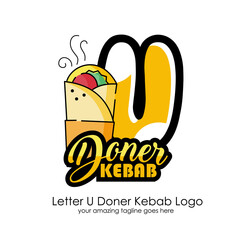 Letter U Meat Doner Kebab Dishes Vector Logo Design Illustration Food on White Background for Turkish and Arabian Fast Food Restaurant and Cafe. Initial Typography Logotype Template

