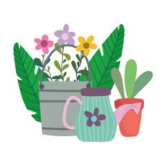 happy garden, bucket watering can boot flowers and potted plant
