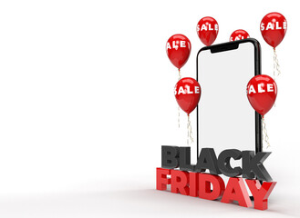 Black Friday 3D Rendering. Business Concept and Digital online marketing with smartphones, balloons, and Black Friday text in the background. Template with clipping path on the screen