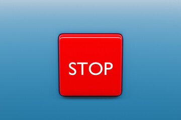 3D illustration  stop sign or symbol with red color and square shape.  Big red stop button on a blue background. 3D style
