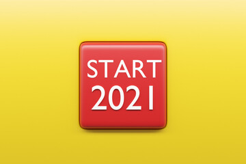 3D illustration  start 2021 sign or symbol with red color and round  shape. Illustration of the symbol of the new year.