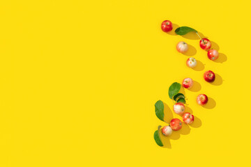 Frame from ripe small red apples and green leaves, food concept.