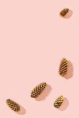Christmas decorations from natural pine cone painted golden colored on pink. Trendy winter holiday background