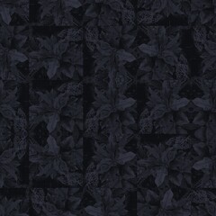 Dark moody almost black leaf seamless pattern. High quality illustration. Deep mysterious distant and faded leaf foliage design. Luxurious shadow surface pattern design for interiors or backgrounds.