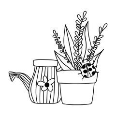 gardening, watering can potted plant with ladybug isolated line icon style