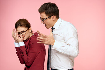 business man and woman office work colleagues team office management studio pink background