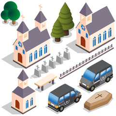 Set for the cemetery. Isometric. Isolated on white background. Vector illustration.