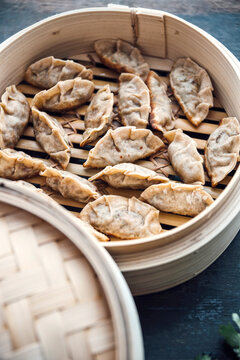 Food: japanese (inspired) gyoza ravioli with vegetable quinoa filling,vegan