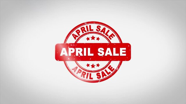 April Sale Signed Stamping Text Wooden Stamp Animation. Red Ink on Clean White Paper Surface Background with Green matte Background Included.