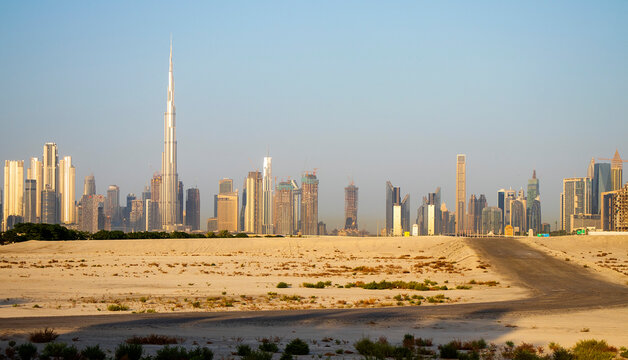 Sunrise over a skyline of a beautiful city of Dubai. Shot made in Jadaf area of the city. UAE.