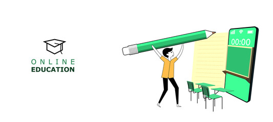 online education on mobile, character holding pencil, concepts on the topic of learning, vector Illustration