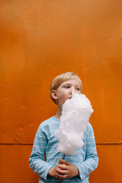 Blond boy eating candyfloss isolated on bright orange background