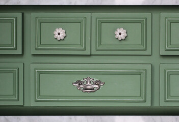 Ancient style of wooden green drawing with golden pin in the family living room, wallpaper backgrounds